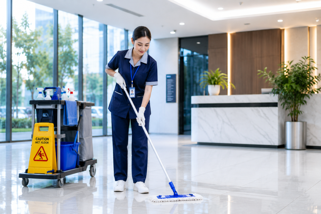 Tenaga kebersihan profesional untuk area kantor, outlet ritel, gudang, pabrik, kawasan industri, hingga fasilitas publik. Seluruh personel dibekali SOP kerja yang terstandarisasi untuk menjaga kebersihan, kenyamanan, dan citra perusahaan